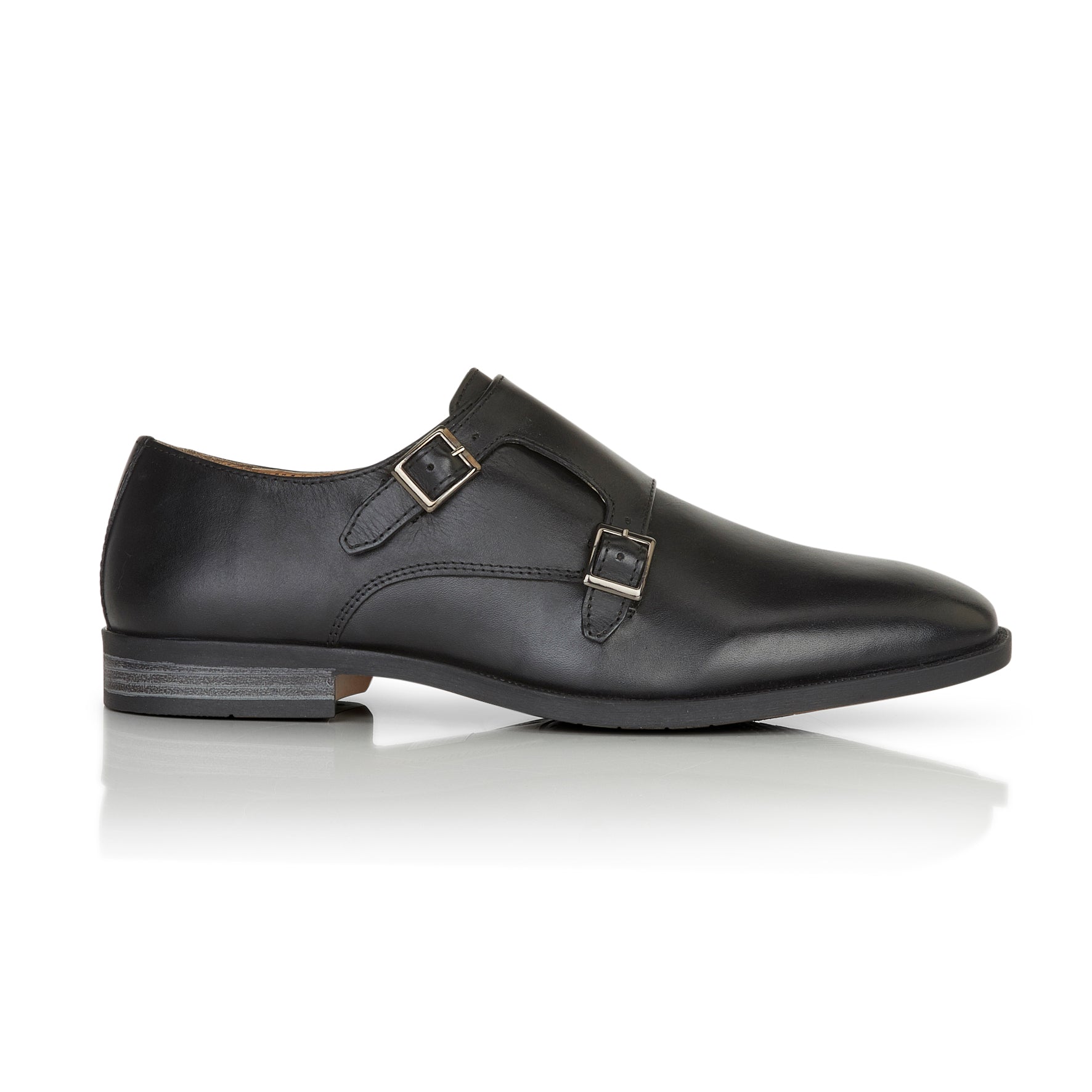Side profile of black leather double monk strap formal shoes for men
