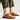Southend men's tan leather double buckle sandals paired with casual summer clothing